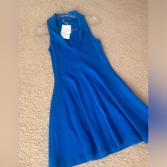 ZARA V-Neck Sleeveless Collared Blue Ribbed Fit & Flare Swing Mini Dress - Picture 4 of 7